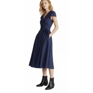 Polo Ralph Lauren Women's Navy Blue Short Sleeve Linen Wrap Midi Dress Size 10